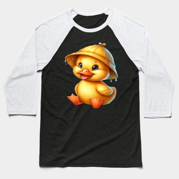 Cute Yellow Duck sitting in the rain wearing a rain hat. Baseball T-Shirt by 1AlmightySprout